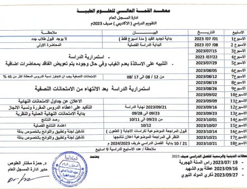 التقويم الاكاديمي للفصل الدراسي صيف 2023 حسب الخطة المتبعة من وزارة التعليم التقني والفني الخاص